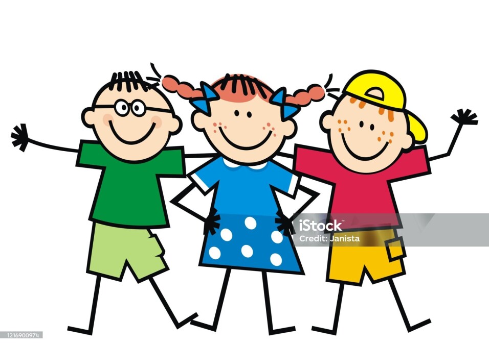 Three little friends, happy kids, vector illustration on white background.